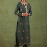 Embroidered Dark Olive Green Straight Kurta And Pant With Banarasi Strip Dupatta