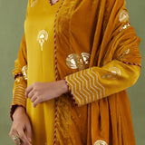 Floral Foil Print Mustard Straight Kurta Set