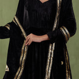 Black Plain Silk Velvet Straight Kurta And Pant With Velvet Shawl Set