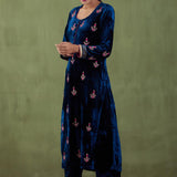Peacock Blue Velvet Straight Kurta Set And Pant With Gotta Dupatta