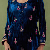 Peacock Blue Velvet Straight Zardosi Work Kurta And Plain Pant