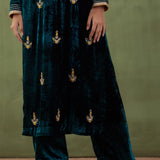Emerald Green Velvet Straight Zardosi Work Kurta And Plain Pant