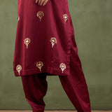 Maroon Foil Printed Mashru Silk Straight Kurta And Salwar With Velvet Shawl Set