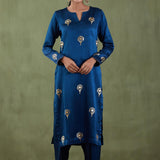 Dark Blue Foil Printed Mashru Silk Straight Kurta And Salwar With Velvet Shawl Set