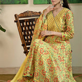 Block Printed Yellow Cotton Suit Set With Floral Patterns