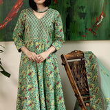 Block Printed Dark Green Cotton Suit Set Floral Patterns