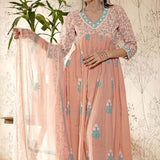 Old Rose Pink Block Printed Cotton Kurta Set With Floral Pattern
