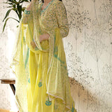 Yellow Block Printed V-Neckline Cotton Kurta Set With Floral Design