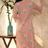 Bright Peach Block Printed Cotton Kurta Set With Floral Pattern