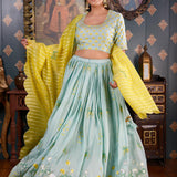 Sea Green Foil Printed Cotton Silk Lehenga Set With Dupatta