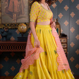 Lemon Yellow Foil Printed Cotton Silk Lehenga Set With Dupatta