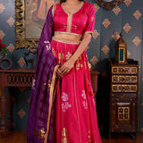 Rani Pink Printed Cotton Silk Lehenga Set With Dupatta