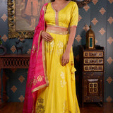 Lemon Yellow Printed Cotton Silk Lehenga Set With Dupatta