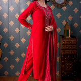 Embroidery Dark Red Velvet Kurta Set
