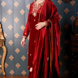 Embroidery Maroon Velvet Kurta Set