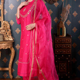 Hand Embroidery Rani Pink Cotton Silk Kurta Set