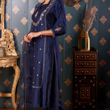 Hand Embroidery Navy Blue Cotton Silk Kurta Set