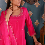 Hand Embroidery Bright Pink Cotton Silk Sharara Set