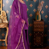 Hand Embroidery Purple Cotton Silk Sharara Set