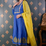 Royal Blue Butti Chandary With Block Print Kurti Set