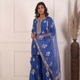 Dark Blue Foil Block Print Kurta Sharara Set With Dupatta