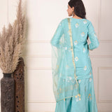 Turquoise Blue Foil Block Print Kurta Sharara Set With Dupatta