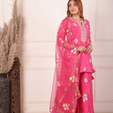 Pink Foil Block Print Kurta Sharara Set With Dupatta