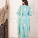 Turquoise Blue Chanderi Straight Kurti With Pant And Dupatta