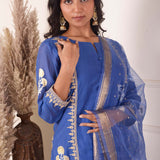 Blue Chanderi Straight Kurti With Pant And Dupatta