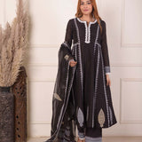 Black Foil Block Print Anarkali Set With White Lace Work