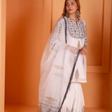 Black Foil Block Print Gharara Set With White Lace Work