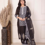 White Foil Block Print Straight Kurta Set With Black Lace Work