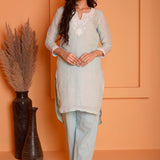Light Blue Linen Embroidery Kurta Set With Pant