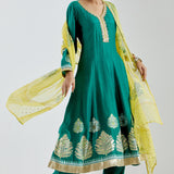 Dark Green Anarkali Set With Gold Lace Work
