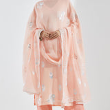 Printed Peach Kurti Set With Silver Floral Design