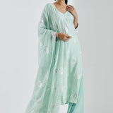 Printed Light Blue Kurti Set With Silver Floral Design