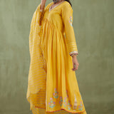 Mustard Yellow Cotton Silk Anarkali Suit Set With Floral Design