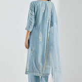 Printed Light Blue Kurti Set With Golden And Silver Floral Design