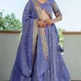 Bluish Lilac Tissue Embroidered Lehenga Set
