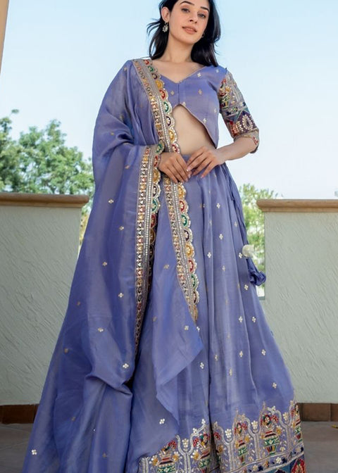 <img> Bluish Lilac Tissue Embroidered Lehenga Set