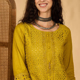 Mustard Green Cotton Hakoba Work Kurta Set