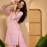 Light Rose Pink Cotton Hakoba Work Kurta Set