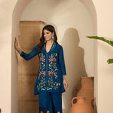 Dark Blue Floral Embroidered Polyester Co-Ord Set