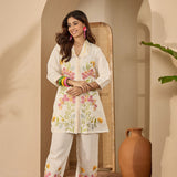 Pastel Cream Floral Embroidered Polyester Co-Ord Set