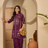 Dark Purple Floral Embroidered Polyester Co-Ord Set
