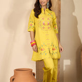 Bright Yellow Floral Embroidered Polyester Co-Ord Set