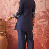 Navy Blue Floral Embroidered Polyester Co-Ord Set