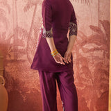 Dark Purple Floral Embroidered Polyester Co-Ord Set