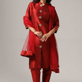 Maroon Raw Silk Kurti With Pants And Dupatta