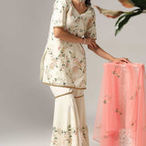 Cream French Crepe Kurti With Sharara And Dupatta